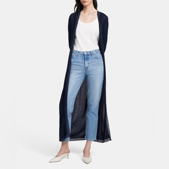 Theory • Navy Wool Silk Long Duster Cardigan Crepe De Chine